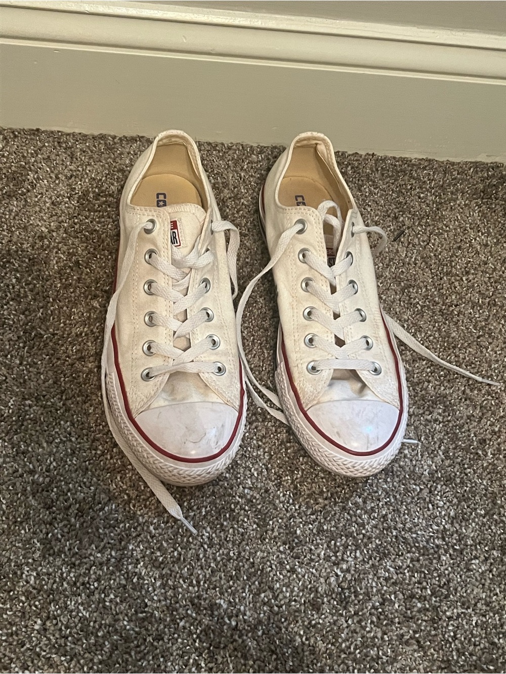Converse White Low-Top Canvas Sneakers with Red Stripe